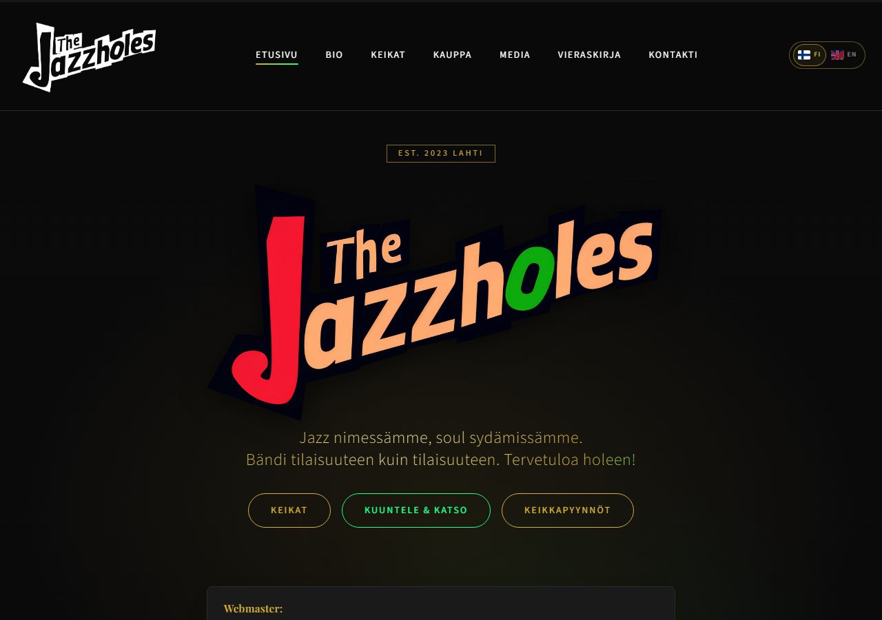 The Jazzholes -sivusto – etusivu, navigaatio ja hero (thejazzholes.fi)